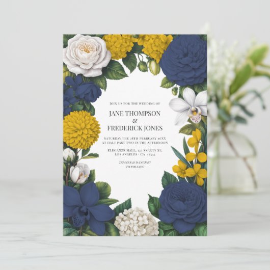 Navy Blue, Mustard Yellow & White Floral Wedding 招待状 (スタンド正面)