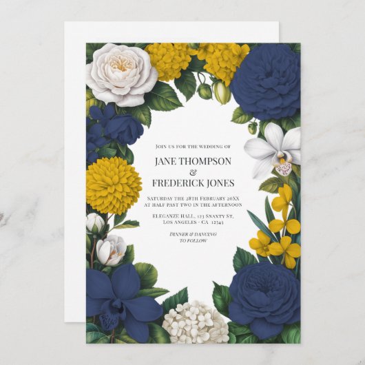 Navy Blue, Mustard Yellow & White Floral Wedding 招待状 (正面/裏面)