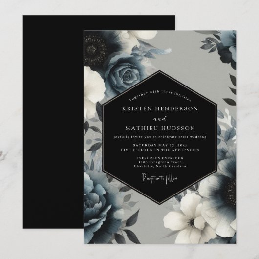 Navy Blue Mystical Winter Wedding 招待状 (正面/裏面)