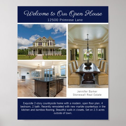 Navy Blue Open House Welcome Real Estate Photo ポスター (正面)