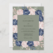Navy Blue Opulent Botanical Wedding 招待状 (正面)