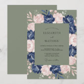 Navy Blue Opulent Botanical Wedding 招待状 (正面/裏面)