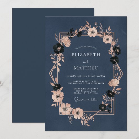 Navy Blue Opulent Evening Wedding 招待状 (正面/裏面)