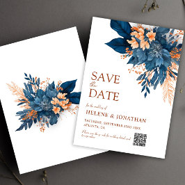 Navy Blue Orange Boho Floral Elegant Wedding セーブザデート