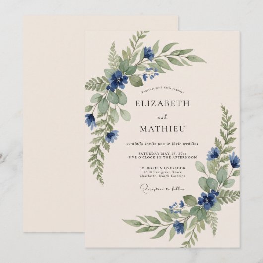 Navy Blue Organic Spring Wedding 招待状 (正面/裏面)