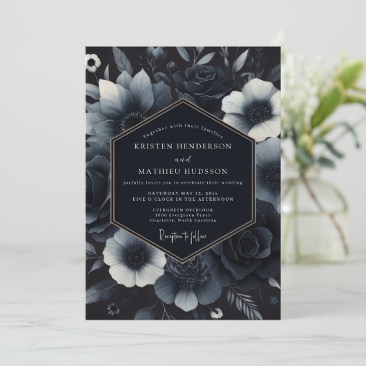 Navy Blue Ornate Gothic Wedding 招待状 (スタンド正面)