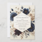 Navy Blue Painterly Bloom Wedding 招待状 (正面)
