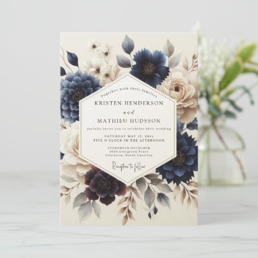 Navy Blue Painterly Bloom Wedding 招待状 (スタンド正面)
