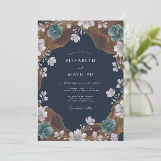 Navy Blue Painterly Orchard Wedding 招待状 (スタンド正面)