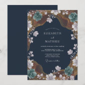 Navy Blue Painterly Orchard Wedding 招待状 (正面/裏面)