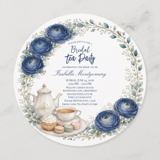 Navy Blue Palette Tea Party Bridal Shower 招待状 (正面)
