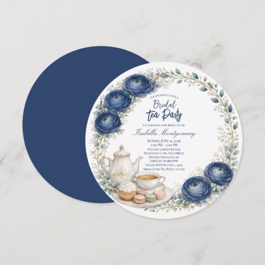 Navy Blue Palette Tea Party Bridal Shower 招待状 (正面/裏面)