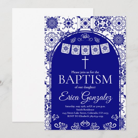 Navy Blue Papel Picado Baptism Invitation 招待状 (正面/裏面)