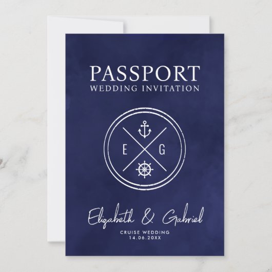 Navy Blue Passport Destination Wedding Cruise 招待状 (正面)