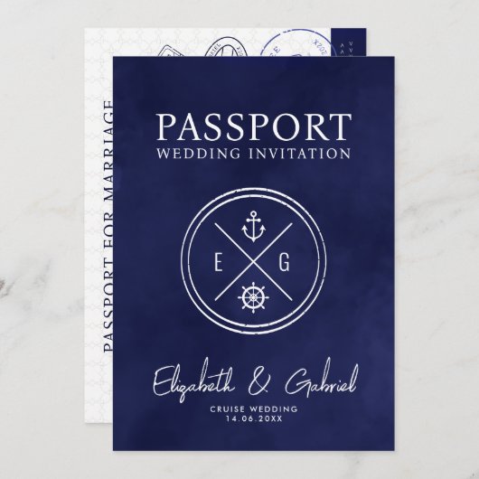Navy Blue Passport Destination Wedding Cruise 招待状 (正面/裏面)