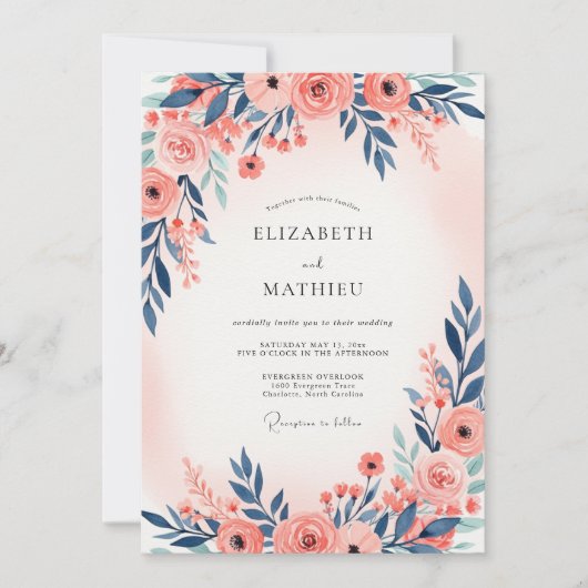 Navy Blue Peach Ethereal Spring Wedding 招待状 (正面)