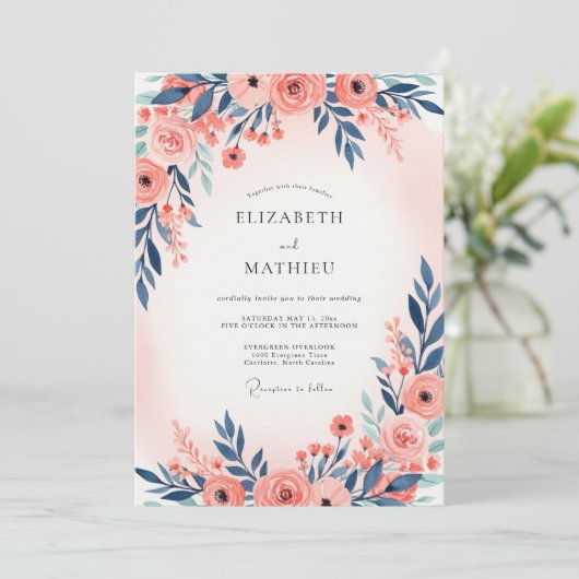 Navy Blue Peach Ethereal Spring Wedding 招待状 (スタンド正面)