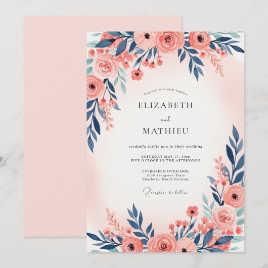 Navy Blue Peach Ethereal Spring Wedding 招待状 (正面/裏面)