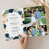 Navy Blue Peach Floral All in One QR Code Wedding 招待状