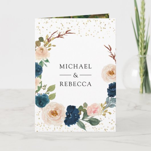 Navy Blue Peach Floral All in One QR Code Wedding 招待状 (正面)