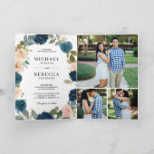 Navy Blue Peach Floral All in One QR Code Wedding 招待状 (内部)