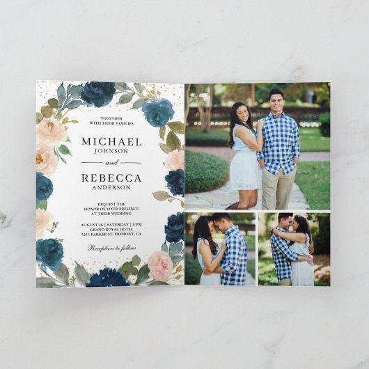 Navy Blue Peach Floral All in One QR Code Wedding 招待状 (内部)