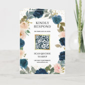 Navy Blue Peach Floral All in One QR Code Wedding 招待状 (裏面)