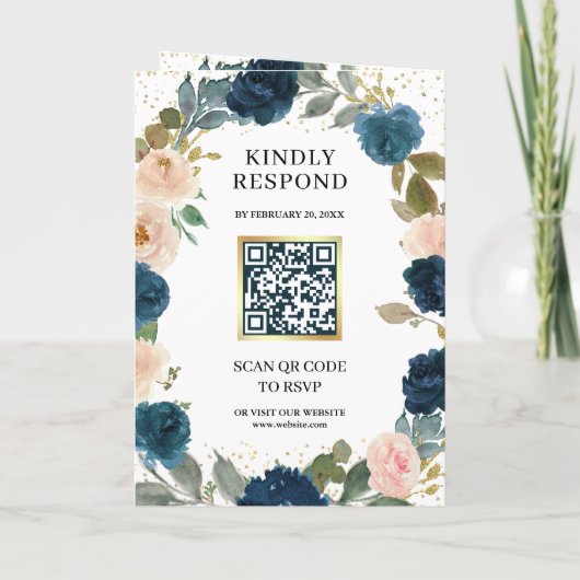 Navy Blue Peach Floral All in One QR Code Wedding 招待状 (裏面)