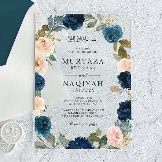 Navy Blue Peach Floral Muslim Wedding アクリル招待状