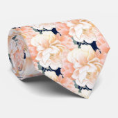 Navy Blue Peach Peony Floral Pattern Wedding ネクタイ (ロール)