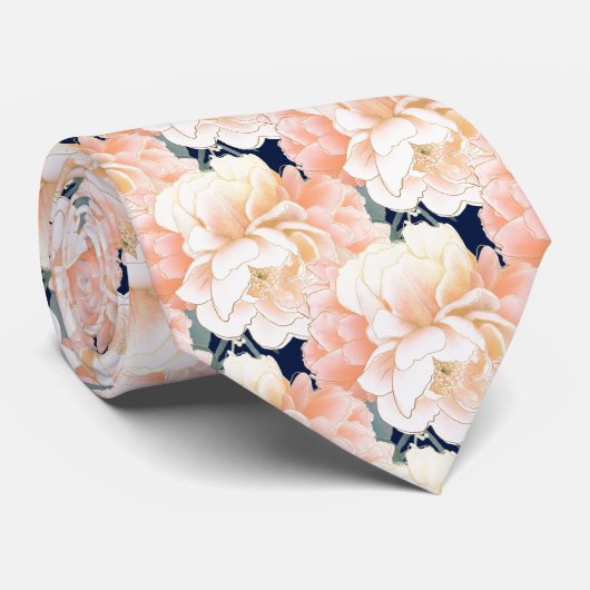 Navy Blue Peach Peony Floral Pattern Wedding ネクタイ (ロール)