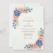 Navy Blue Peach Sublime Botanical Wedding 招待状 (正面)