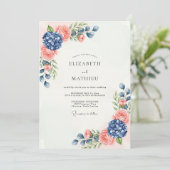 Navy Blue Peach Sublime Botanical Wedding 招待状 (スタンド正面)