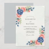 Navy Blue Peach Sublime Botanical Wedding 招待状 (正面/裏面)
