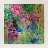 Navy Blue Peacock Pink Flowers Musical Notes ジグソーパズル (横)