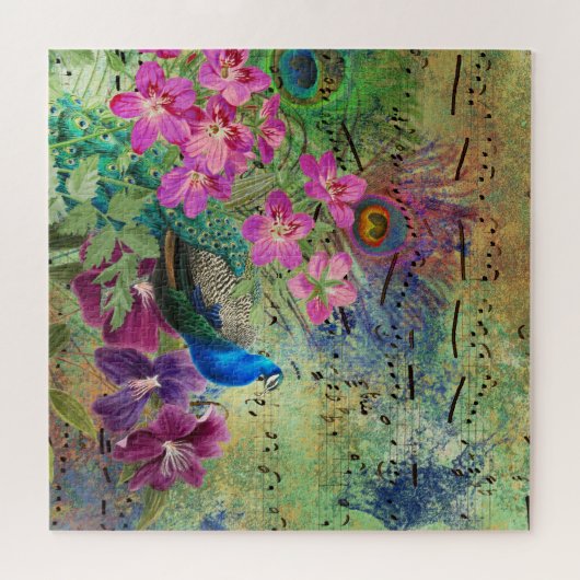 Navy Blue Peacock Pink Flowers Musical Notes ジグソーパズル (横)