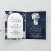 Navy Blue Peony Mason Jar QR Code Wedding 招待状 (内部)