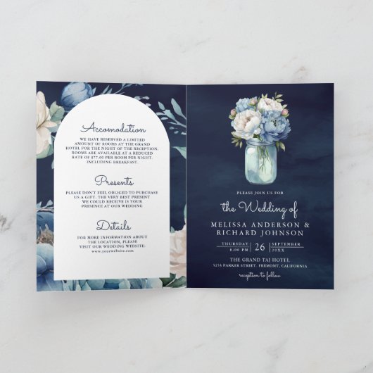 Navy Blue Peony Mason Jar QR Code Wedding 招待状 (内部)