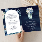 Navy Blue Peony Mason Jar QR Code Wedding 招待状