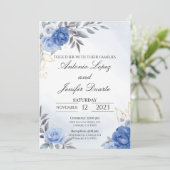 Navy blue peony rose wedding invitation, boda (スタンド正面)