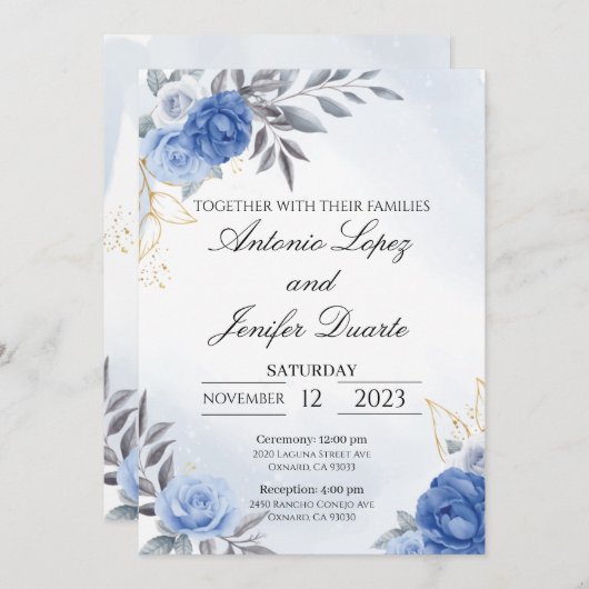 Navy blue peony rose wedding invitation, boda (正面/裏面)