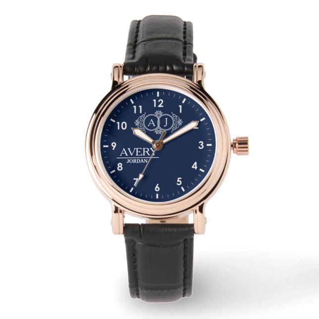 Navy Blue Personalized Custom Monogram Luxury Gift 腕時計 (正面)