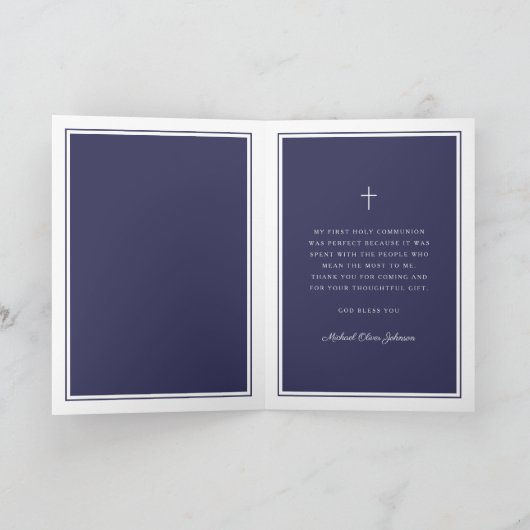 Navy Blue Photo Boy First Communion サンキューカード (内部)