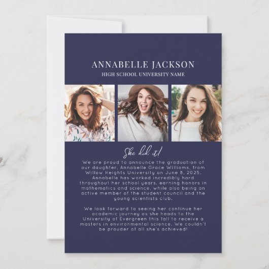 Navy Blue Photo Collage Graduation 案内状 (裏面)
