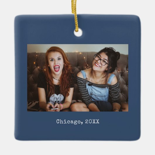 Navy Blue Photo Keepsake Christmas セラミックオーナメント (正面)