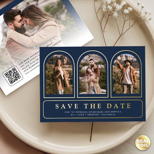 Navy Blue Photo QR Code Wedding Save the Date 箔招待状