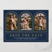 Navy Blue Photo QR Code Wedding Save the Date 箔招待状 (正面)