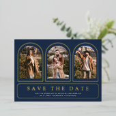 Navy Blue Photo QR Code Wedding Save the Date 箔招待状 (立ち正面)