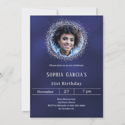 Navy blue photo silver glitter birthday 招待状 (正面)