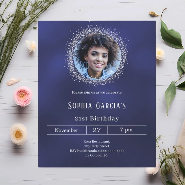 Navy blue photo silver glitter birthday invitation (クリエイターアップロード済み)